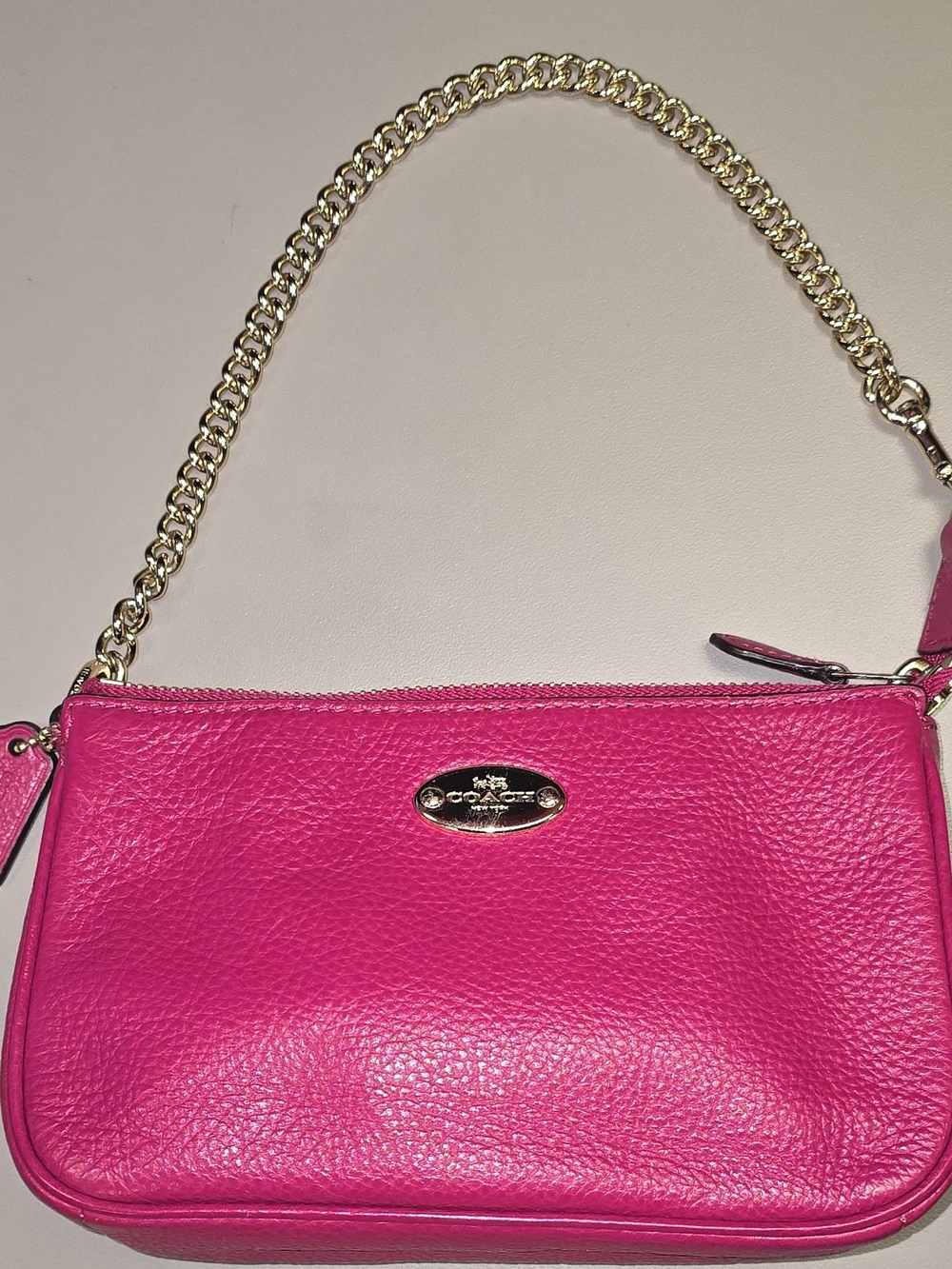 Coach Pink Fuchsia Pebbled Leather Mini Shoulder Bag Gold Chain F53340